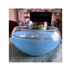 Mid-century Glass Bowl Powder Blue W/Gold Stripes 8.25"*